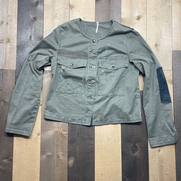 Free People Jackets & Blazers - Free People MEDIUM Button Up Olive Denim Distressed Bomber Jacket **READ**